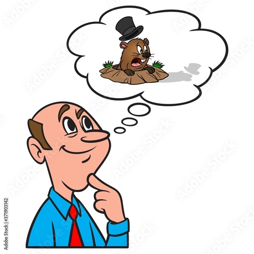 Thinking about a Groundhog seeing his Shadow - A cartoon illustration of a man thinking about a groundhog seeing his shadow.
