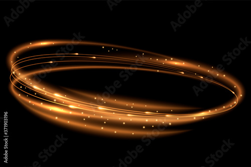 Golden light effect. Rotating luminous ellipses. Graphic design element