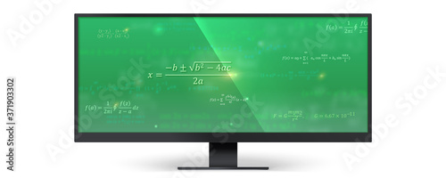 Mathematical formulas on wide green screen of monitor. Concept of online learning. Modern digital education and science. Vector 3d illustration
