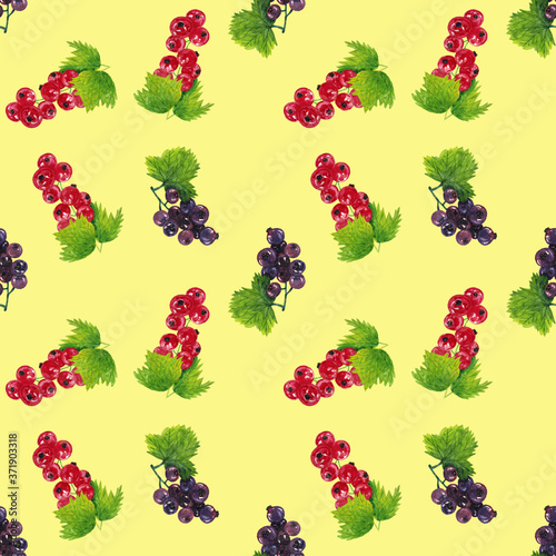 Seamless pattern with bunches of red and black currants. Suitable for postcards, wrapping paper, wall paper, fabric. The design is done in watercolor.