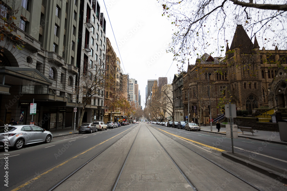 A view of the empty streets of Melbourne CBD during Stage 4 Lockdowns.