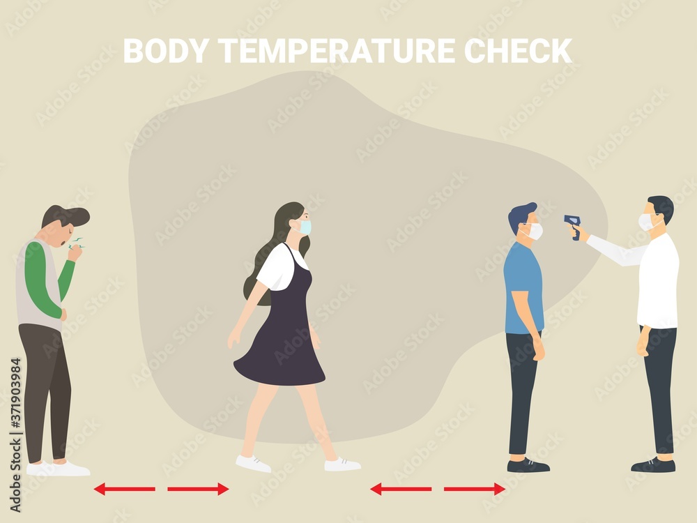  body temperature check before entry, People checking body temperatures before entering public areas, COVID-19 illustration
