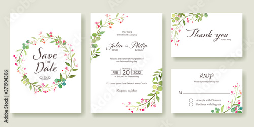 Wedding Invitation, save the date, thank you, rsvp card Design template. Vector. Summer pink flower.