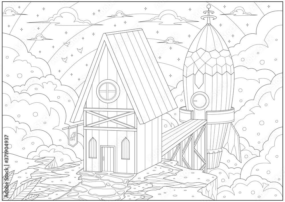 Fantasy rocket garage in the sky cliff, Adult and kid coloring page in stylish vector illustration for education and learning