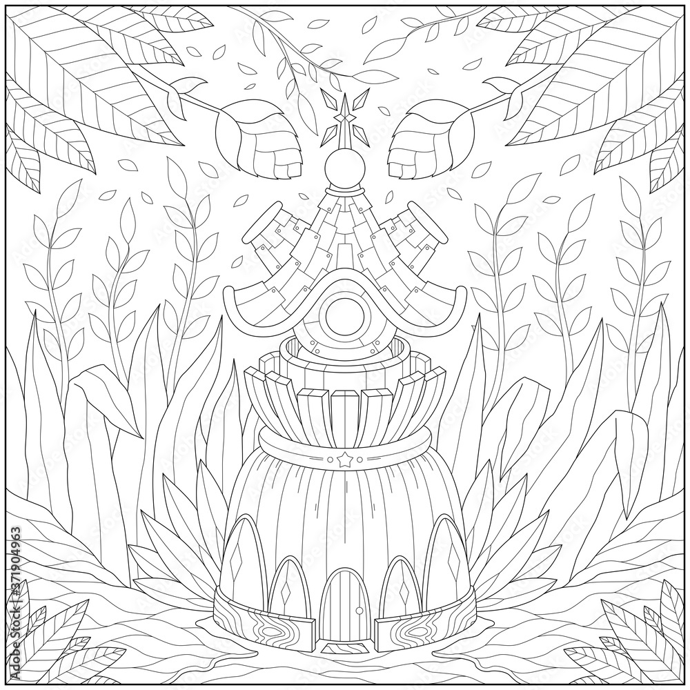 Fantasy tiny house, adult and kid coloring page in stylish vector illustration for education and learning
