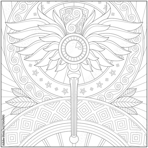 Fantasy wings staff, Adult and kid coloring page in stylish vector illustration for education and learning