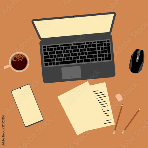 Work desk. Office from home flat vector illustration. Remote call online webinar. Laptop