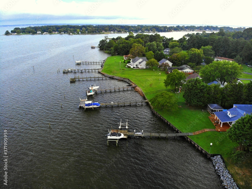 The aerial view of the waterfront homes with a private dock near Newburg, Maryland, U.S.A