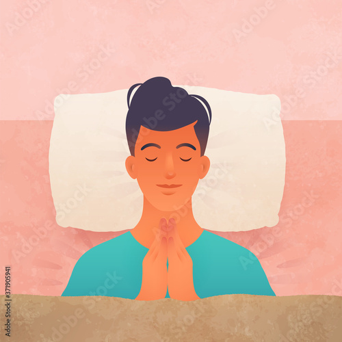 Young man meditating while sleeping flat cartoon vector illustration. meditation and good sleep concept
