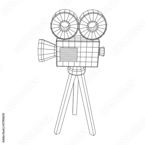 Polygonal camera projector. Movie time. Show film cinema festival concept. Wireframe low poly mesh vector illustration.