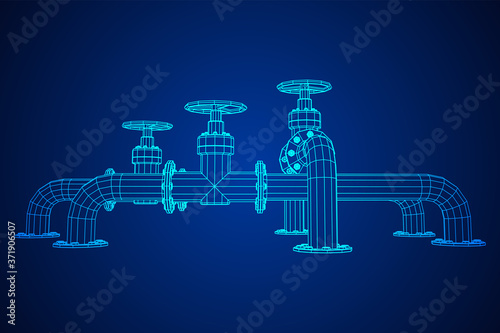 Oil pipeline with valve business concept. Finance economy polygonal petrol production. Petroleum fuel industry transportation line. Wireframe low poly mesh vector illustration.