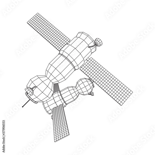 Space station communications satellite. Wireframe low poly mesh vector illustration.