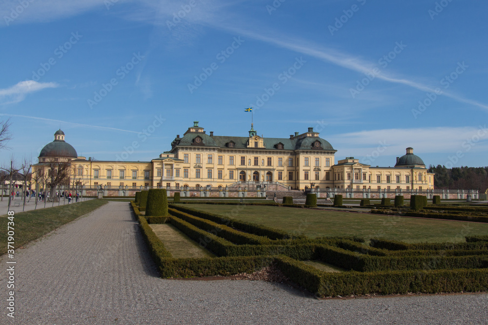 Drottningholm, Sweden - April 21 2019: the front view of Drottningholm palace in a sunny day on April 21 2019 in Drottningholm Sweden.
