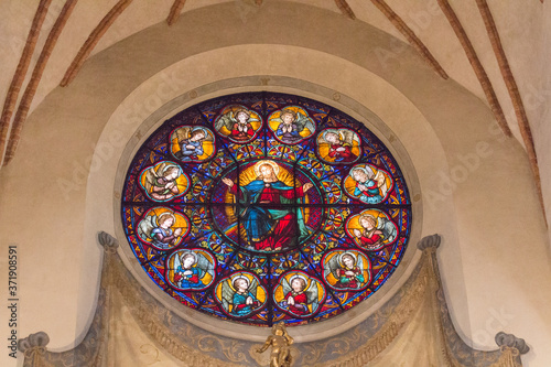 Photography Stockholm, Sweden - April 21 2019: the view of stained glass in Saint Nicholas Church or Storkyrkan on April 21 2019 in Stockholm Sweden