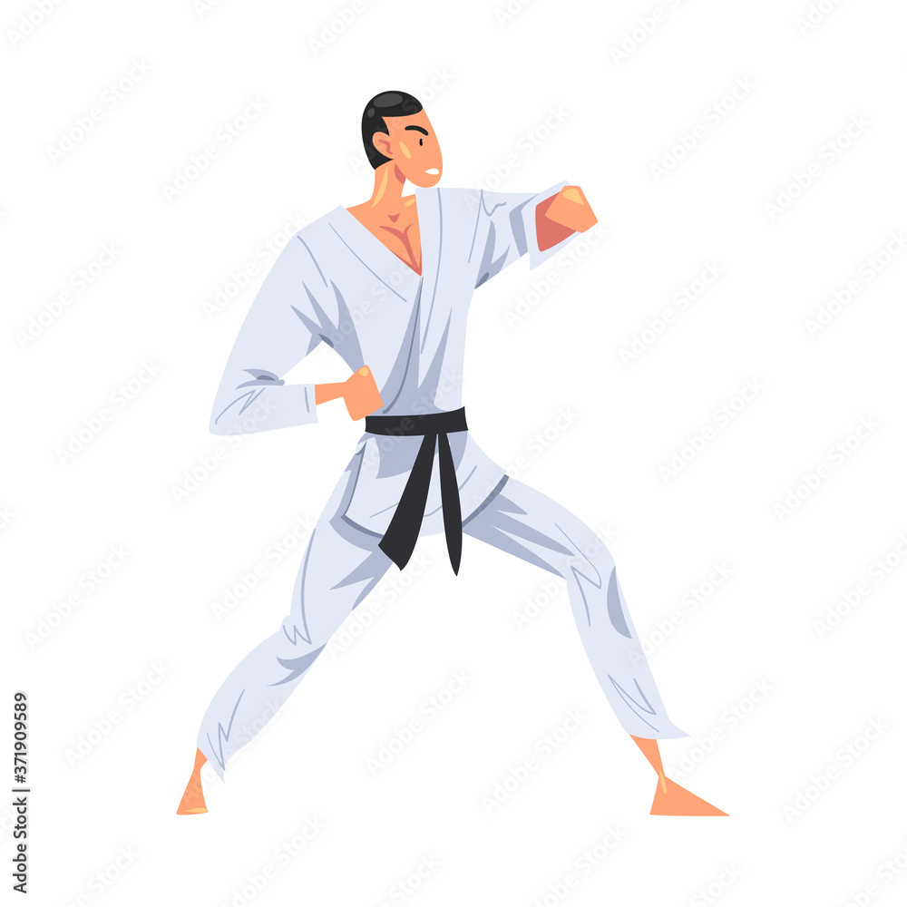 Male Karate Fighter Character in White Kimono Doing Karate, Japan Martial Art Cartoon Style Vector Illustration Male Karate Fighter Character in White Kimono Doing Karate, Japan Martial Art Cartoon Style Vector Illustration