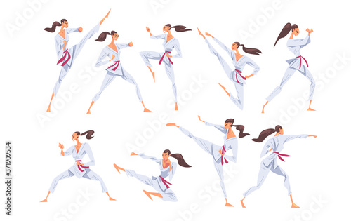 Girl Doing Karate in Various Poses Set, Female Fighter Character in White Kimono Practicing Traditional Japan Martial Art Cartoon Style Vector Illustration