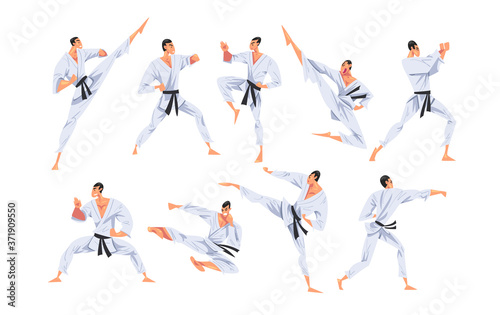 Man Doing Karate in Various Poses Set, Male Fighter Character in White Kimono Practicing Traditional Japan Martial Art Cartoon Style Vector Illustration