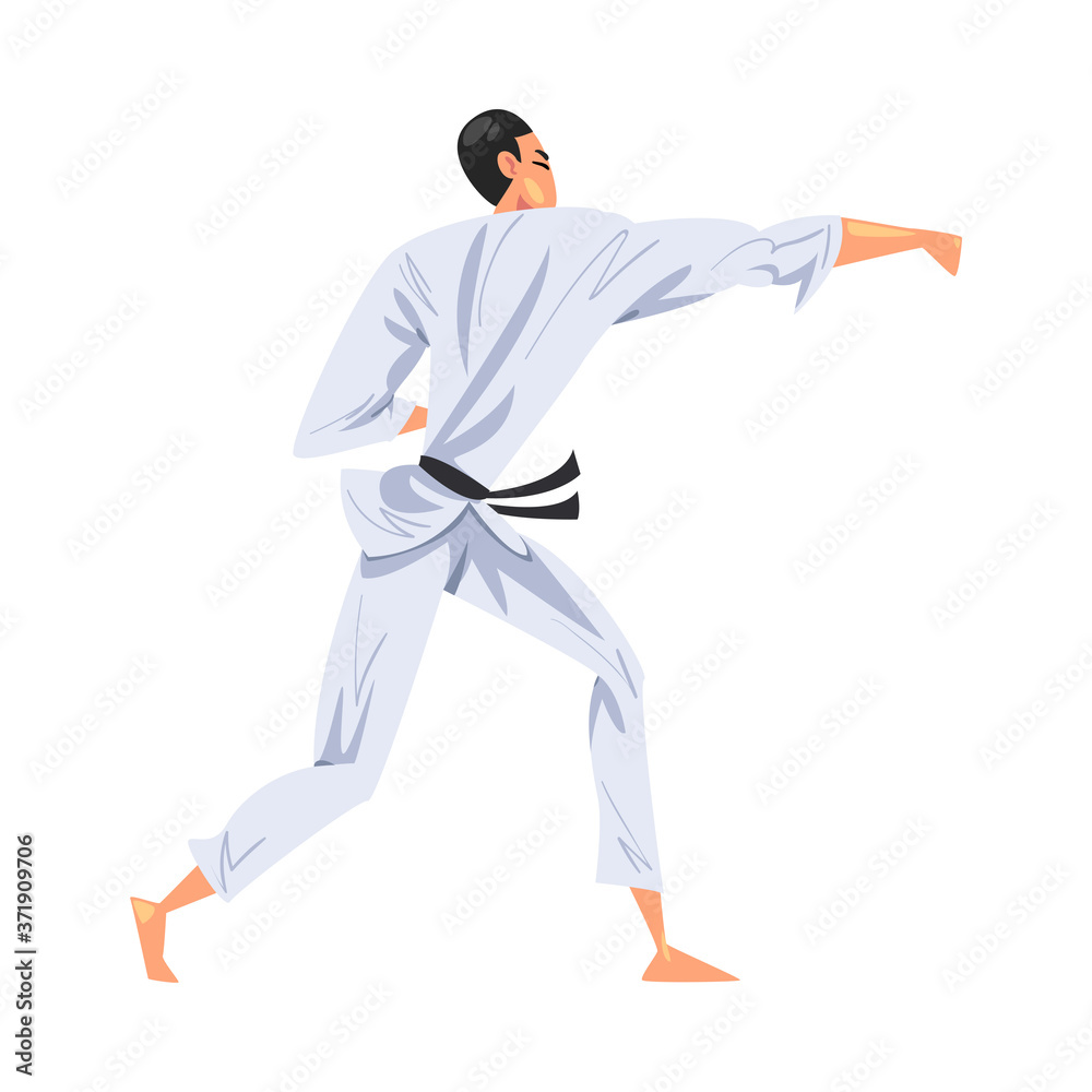 Man Karateka Doing Karate, Male Fighter Character in White Kimono Practicing Traditional Japan Martial Art Cartoon Style Vector Illustration Man Karateka Doing Karate, Male Fighter Character in White Kimono Practicing Traditional Japan Martial Art Cartoon Style Vector Illustration