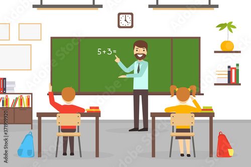 Elementary School Students Studying in Classroom, Cheerful Male Teacher Explaining Math Lesson, Education, Back to School Concept Cartoon Vector Illustration