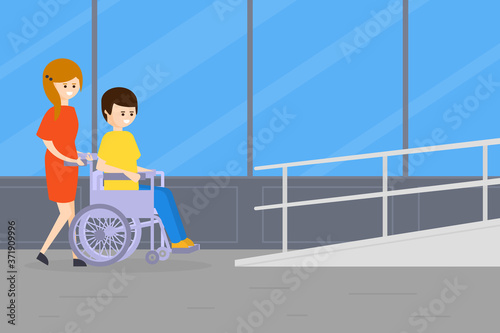 Woman Strolling with Disabled Man in Wheelchair, Handicapped Person and Volunteer or Friend Helping Him Vector Illustration