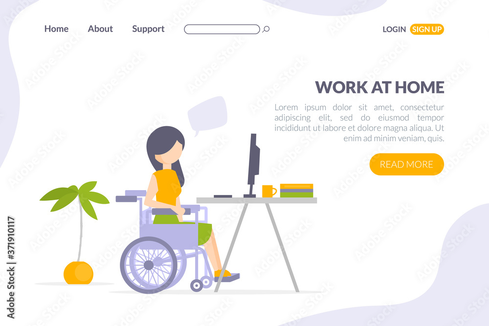 Work at Home Landing Page Template, Disabled Man Sitting in Wheelchair Working on Laptop Computer at Home Cartoon Vector Illustration Work at Home Landing Page Template, Disabled Man Sitting in Wheelchair Working on Laptop Computer at Home Cartoon Vector Illustration