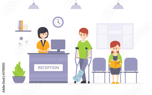 Hospital Reception, Patients and Disabled People Waiting for doctor in Modern Clinic Hall Cartoon Vector Illustration
