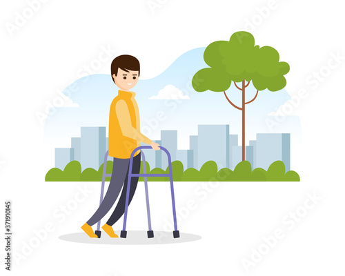 Young Man Using Walkers while Walking on the Street, Disabled Person Strolling in Park Cartoon Vector Illustration