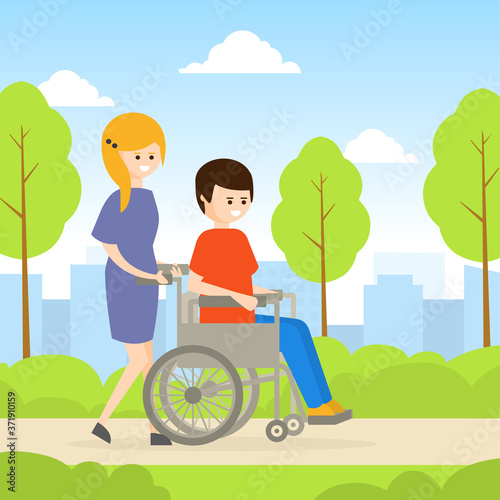 Young Woman Strolling with Disabled Man in Wheelchair, Handicapped Person and Volunteer or Friend Helping Him Cartoon Vector Illustration