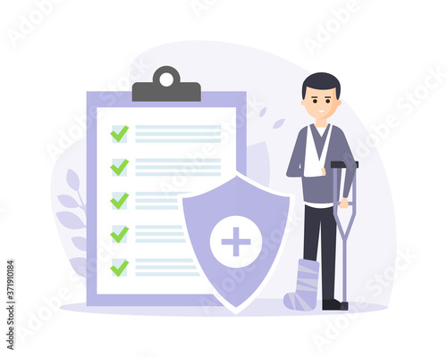 Man with Crutches and Plastered Leg and Healthcare Policy Document, Medical Insurance Concept Cartoon Vector Illustration