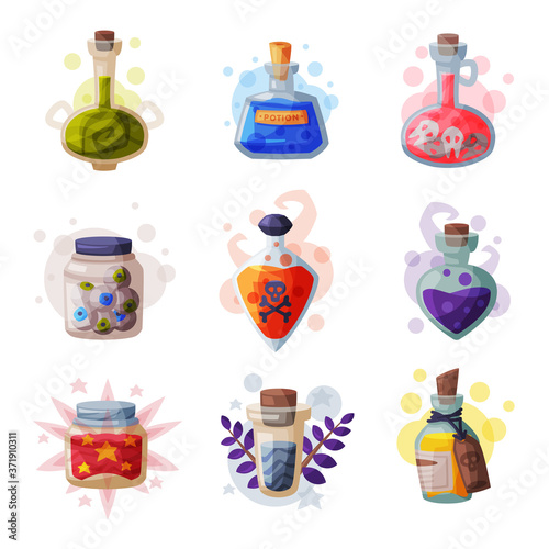 Magic Bottles of Potion Set, Occult Magic Objects for Mystic Rituals Cartoon Style Vector Illustration