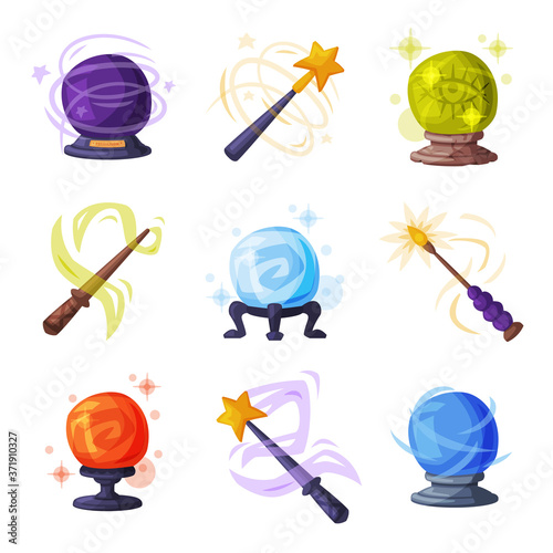 Magic Wands and Balls with Shiny Sparkles Set, Occult Magic Objects for Mystic Rituals Cartoon Style Vector Illustration