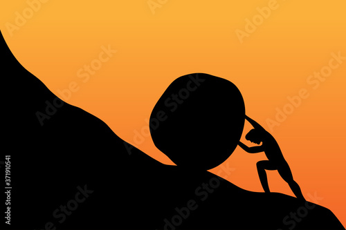 Silhouette of man push stone up to peak hill. Work hard and succeed concept. Vector illustration design.