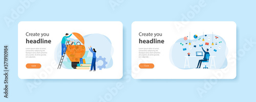 flat design web landing home page templates of  People Meeting learning And research Idea With lightbulb and businessman working online 