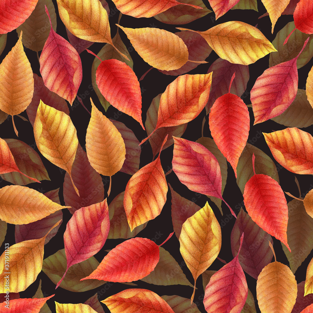 Seamless watercolor pattern with hand drawn autumn leaves isolated on black background. Botanical illustration for textile, print, card, invitation, wallpaper, fabric, home decor Seamless watercolor pattern with hand drawn autumn leaves isolated on black background. Botanical illustration for textile, print, card, invitation, wallpaper, fabric, home decor