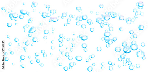 Blue oxygen bubbles, under water, clear liquid with bubbles flowing up on the water surface On a white background