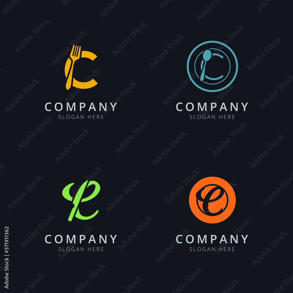 Initial C logo with restaurant elements