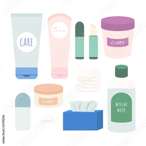 A set of skin care products. Face cream, hand cream, body cream, micellar water, hygienic lipstick, deodorant, cotton pads, cotton swabs, paper napkins. Isolated icons.