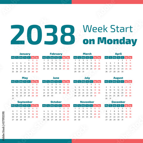 2038 Calendar with the weeks start on Monday