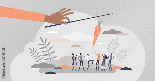 Carrot and stick metaphor as treat teasing visualization tiny person concept