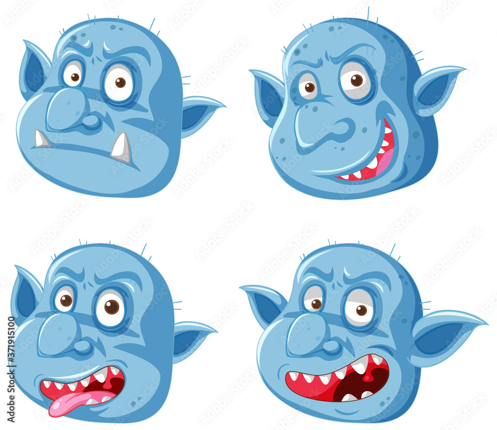 Set of blue goblin or troll face in different expressions in cartoon style isolated Set of blue goblin or troll face in different expressions in cartoon style isolated