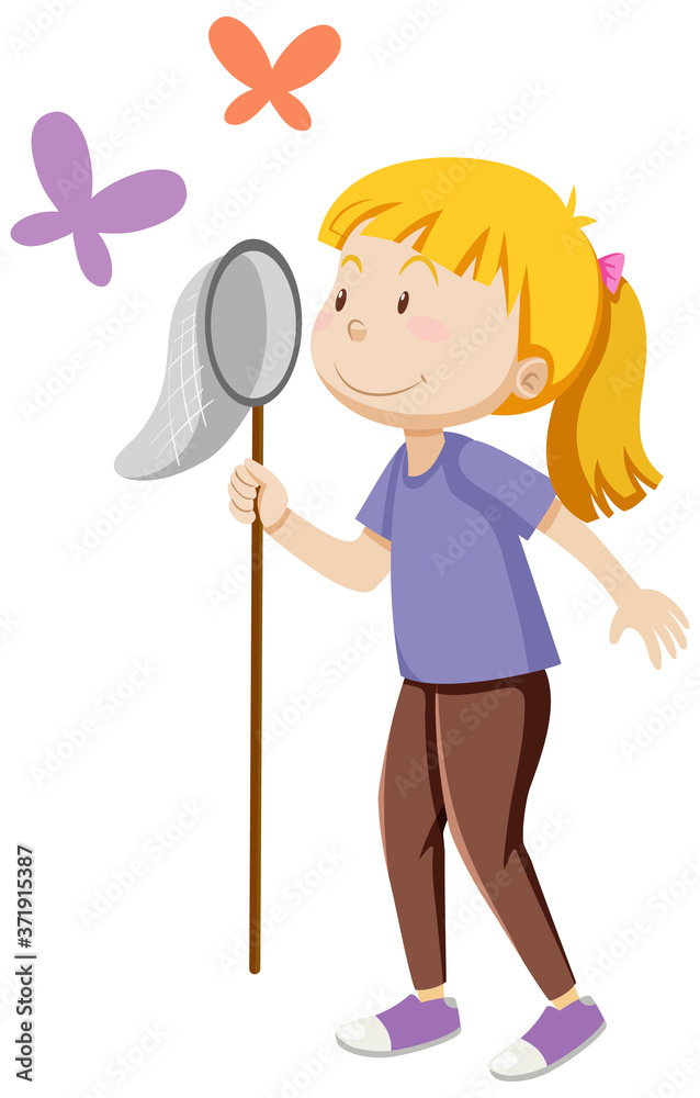 A girl holding insect catching in standing posing with some butterfies cartoon isolated A girl holding insect catching in standing posing with some butterfies cartoon isolated