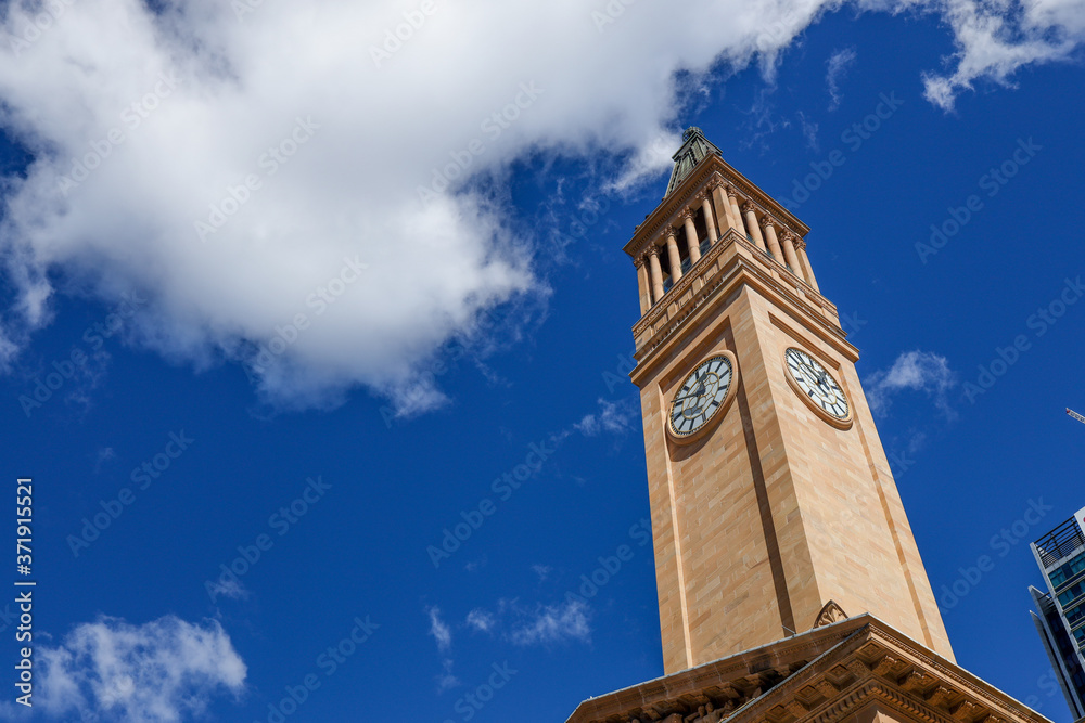 The clock tower at the Brisbane City Hall of Australia 