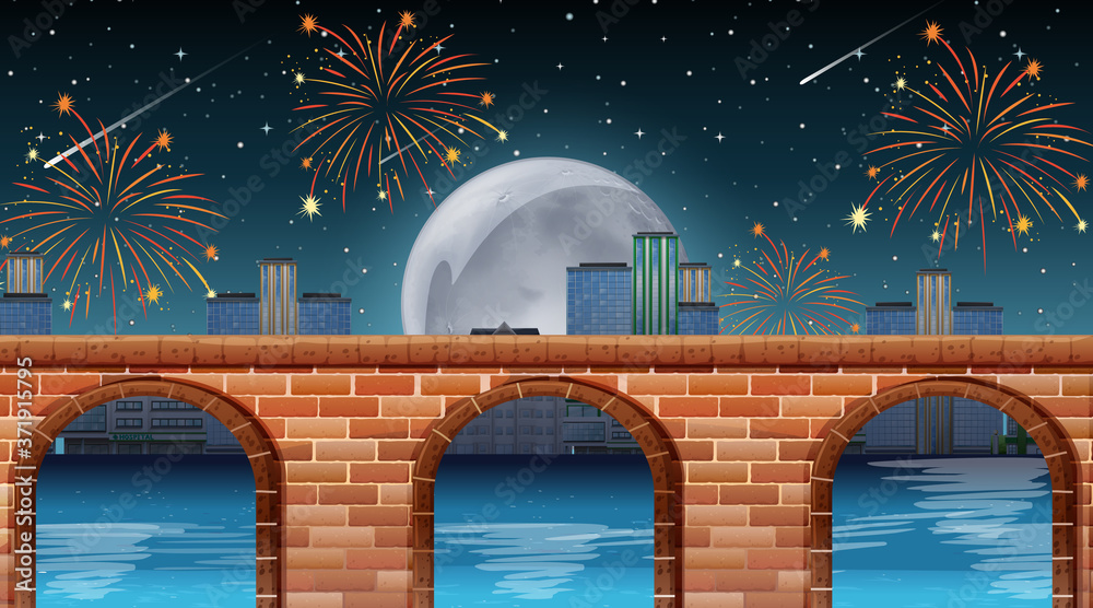 River scene with celebration fireworks
