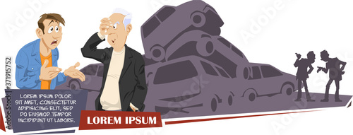 Traffic accident and drivers dispute. Stock illustration