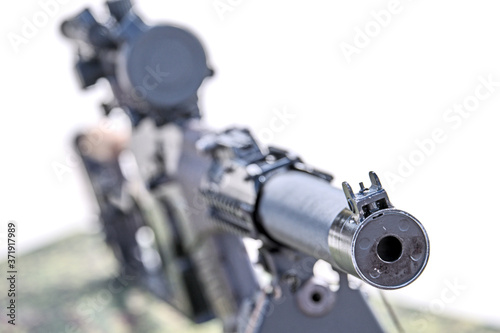 sniper rifle machine gun barrel front view. Silhouette of lethal firearms. Rifle aim system. Army light weapon for soldier. Dangerous equipment. Narrow focus