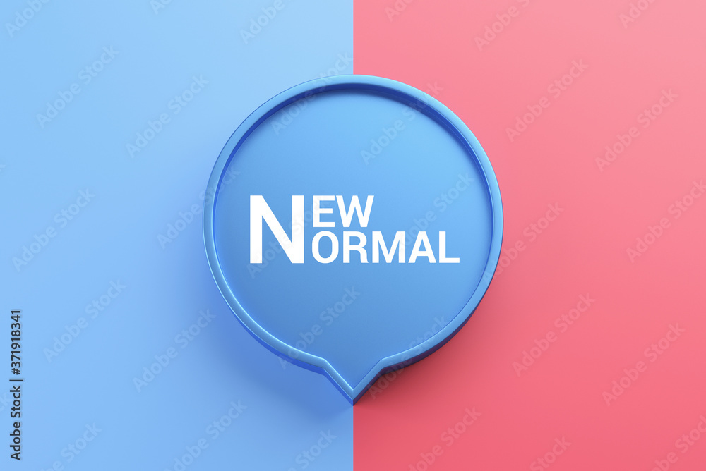 New normal wording with speech bubble on pink and blue background. The world is changing to balance it into new normal include business , economy , environment and health. 3d. New normal wording with speech bubble on pink and blue background. The world is changing to balance it into new normal include business , economy , environment and health. 3d.