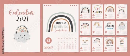 Cute pastel calendar 2021 with rainbow,rain,cloud for children, kid, baby