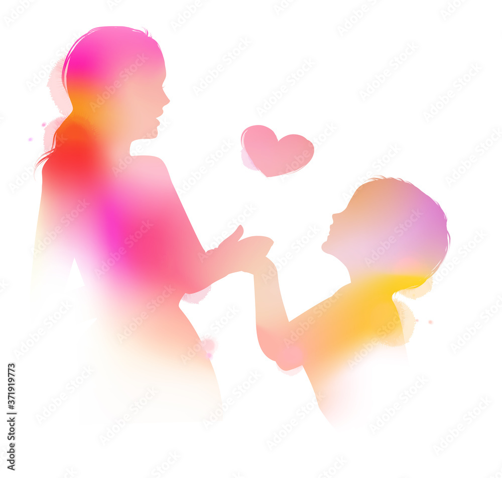 Happy mom holding adorable  baby child silhouette plus abstract water color painted. Mother's day. Digital art painting. Double exposure.