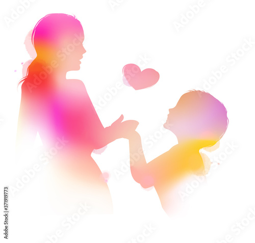 Happy mom holding adorable  baby child silhouette plus abstract water color painted. Mother s day. Digital art painting. Double exposure.