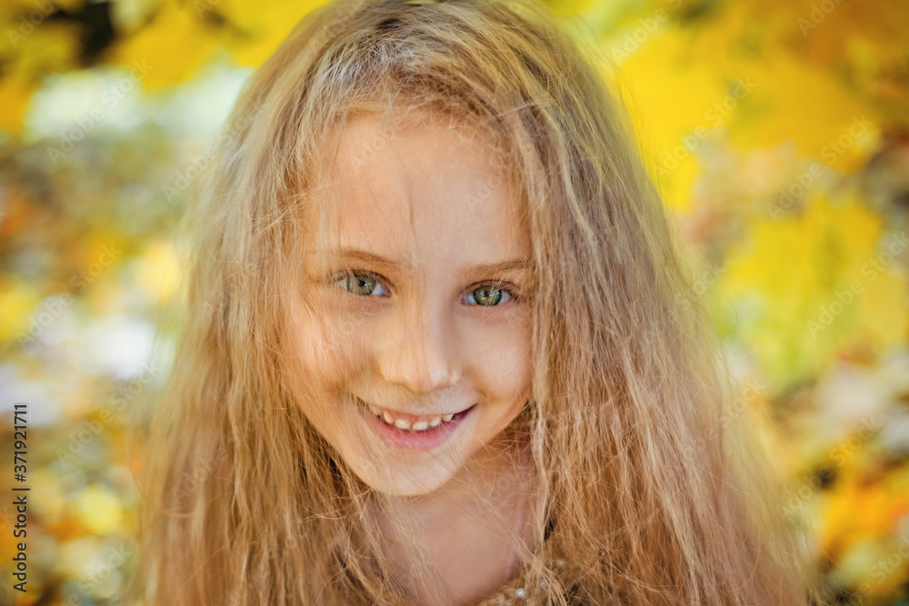 Portrait of a little girl with matted hair on her face in an autumn Park with yellow maple leaves. Portrait of a little girl with matted hair on her face in an autumn Park with yellow maple leaves.